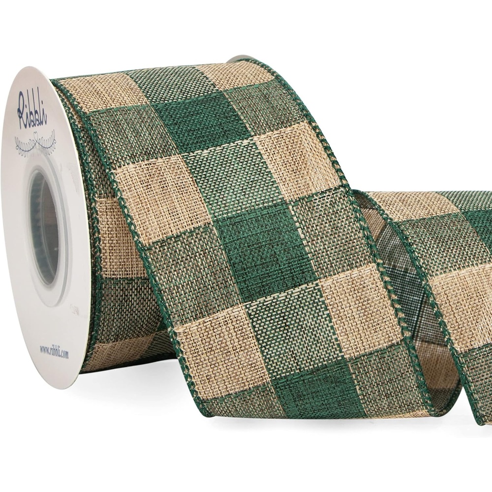 Ribbli Christmas Ribbon Wired, Red and Green Plaid Ribbon 2-1/2 inch x Continuous 10 Yard, Christmas Tree Ribbon for Topper Bow,Wreath and Swag, Gift Wrapping, Tree Decoration(Vintage Green/Beige)