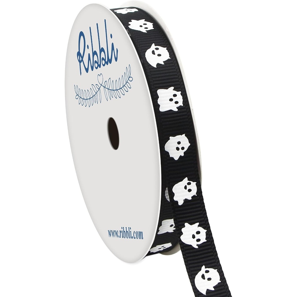 Ribbli Grosgrain Halloween Ribbon – Ghost Decor, 3/8 Inches x 10 Yards, Black/White(Black/White)
