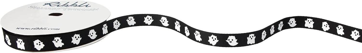 Ribbli Grosgrain Halloween Ribbon – Ghost Decor, 3/8 Inches x 10 Yards, Black/White(Black/White)