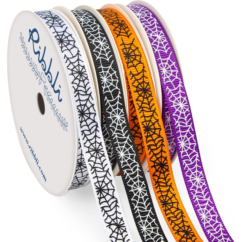 Ribbli 2 Rolls Halloween Grosgrain Ribbon,Spider Web Use for Craft,Halloween Wrapping,Home Decor,3/8 Inch Total 20 Yards,Black/White(White/Black/Orange/Purple)