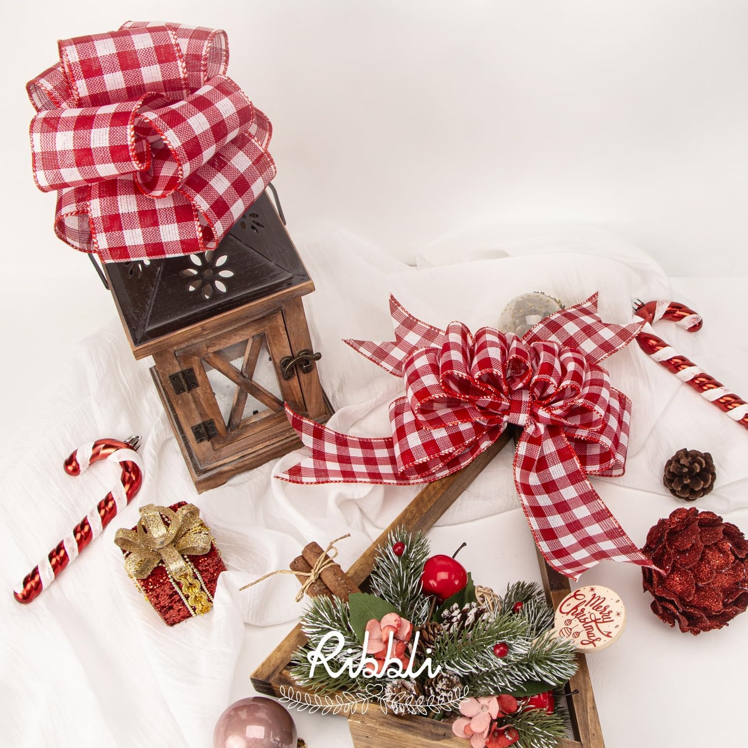 Ribbli Red and Black Wired Ribbon, 2-1/2 Inch x 10 Yard,Buffalo Plaid Burlap, Christmas Ribbon for Big Bow,Wreath,Tree Decoration,Outdoor Decoration(Red/White)