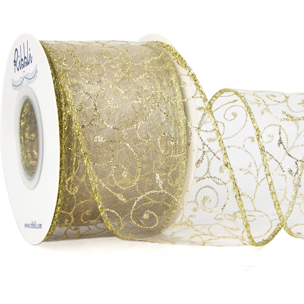 Ribbli Swirl Glitter Wired Ribbon, Burgundy Organza Sheer with Gold Glitter Swirl Pattern and Gold Metallic Edge,2-1/2 Inch x 10Yards Christmas Ribbon for Tree Decoration(Ivory/Gold)