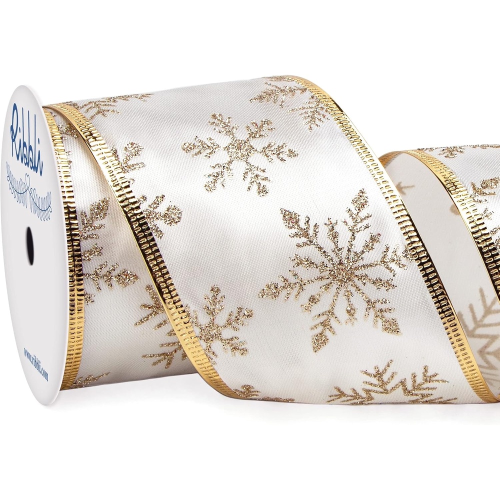 Ribbli Snowflake Glitter Satin Wired Ribbon,Ivory Satin Ribbon with Gold Glitter Snowflake Pattern and Gold Metallic Edge,2-1/2 Inch x 10Yards Christmas Ribbon for Tree Decoration(Ivory/Gold)