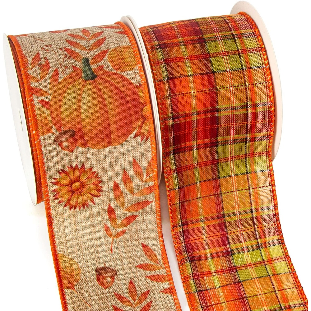 Ribbli Fall Ribbon Wired 2 Rolls 2.5 Inch Total 60 Feet(20 Yards), Fall Pumpkin Thanksgiving Ribbon for Wreaths, Big Bows, Autumn Gift Wrapping, Orange/Green