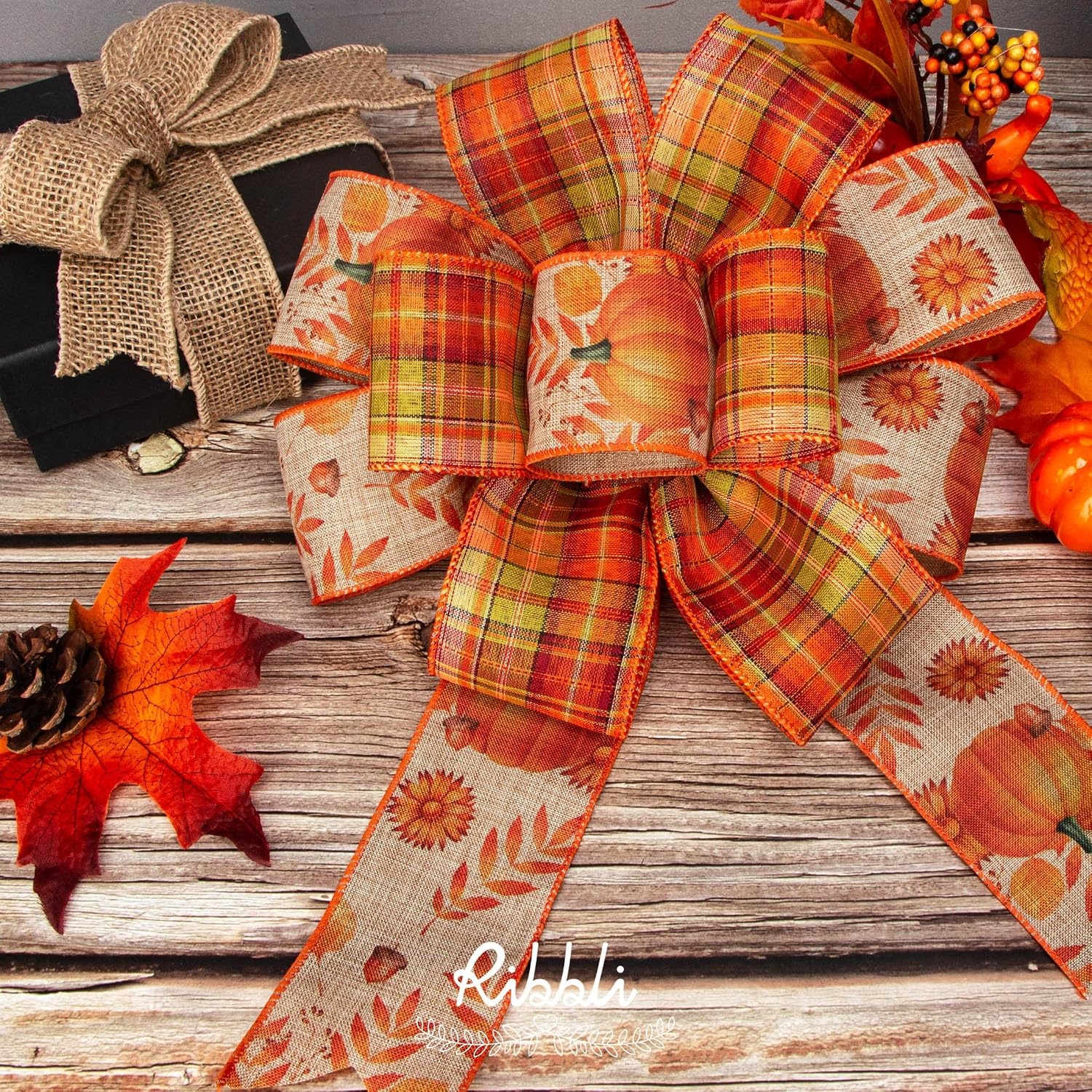 Ribbli Fall Ribbon Wired 2 Rolls 2.5 Inch Total 60 Feet(20 Yards), Fall Pumpkin Thanksgiving Ribbon for Wreaths, Big Bows, Autumn Gift Wrapping, Orange/Green