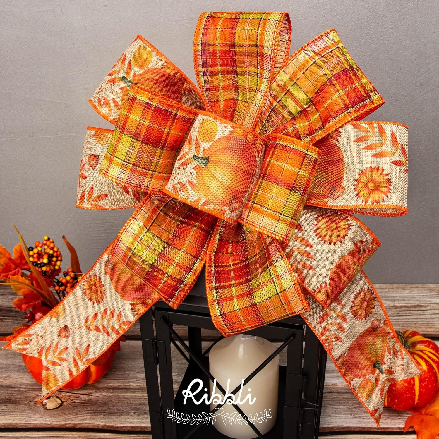 Ribbli Fall Ribbon Wired 2 Rolls 2.5 Inch Total 60 Feet(20 Yards), Fall Pumpkin Thanksgiving Ribbon for Wreaths, Big Bows, Autumn Gift Wrapping, Orange/Green