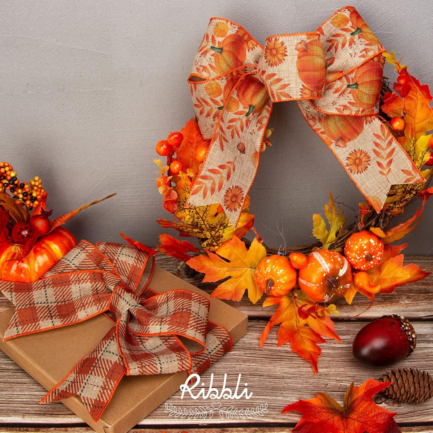Ribbli Fall Ribbon Wired 2 Rolls 2.5 Inch Total 60 Feet(20 Yards), Fall Pumpkin Thanksgiving Ribbon for Wreaths, Big Bows, Autumn Gift Wrapping, Orange/Green