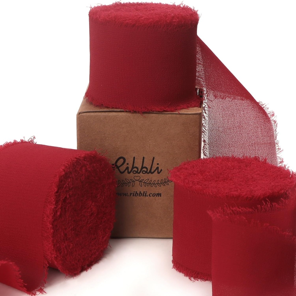 Ribbli Chiffon Silk Ribbon, 1.5 inch x 30 Yard, Champagne/Terracotta/Rust Red Fringe Chiffon Fall Ribbon for Wedding Invitations, Bridal Bouquets Wrapping, Flower Arrangement Decoration(Dark Red)