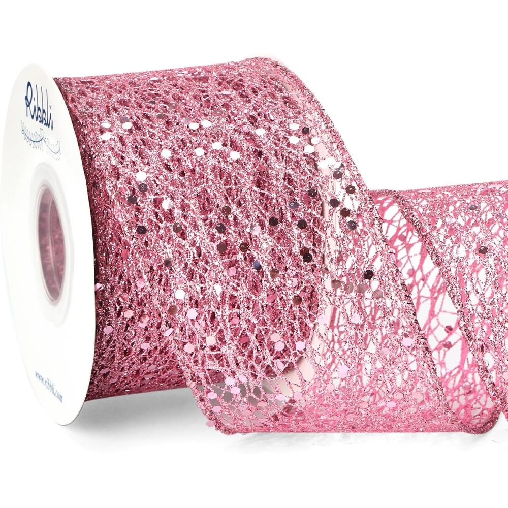 Ribbli Christmas Ribbon,Glitter Mesh Wired Ribbon for Christmas Tree, Silver Sparkling 2.5 Inch x 10 Yard for Crafts, Big Bow,Gift Wrapping, Wreath(Pink)