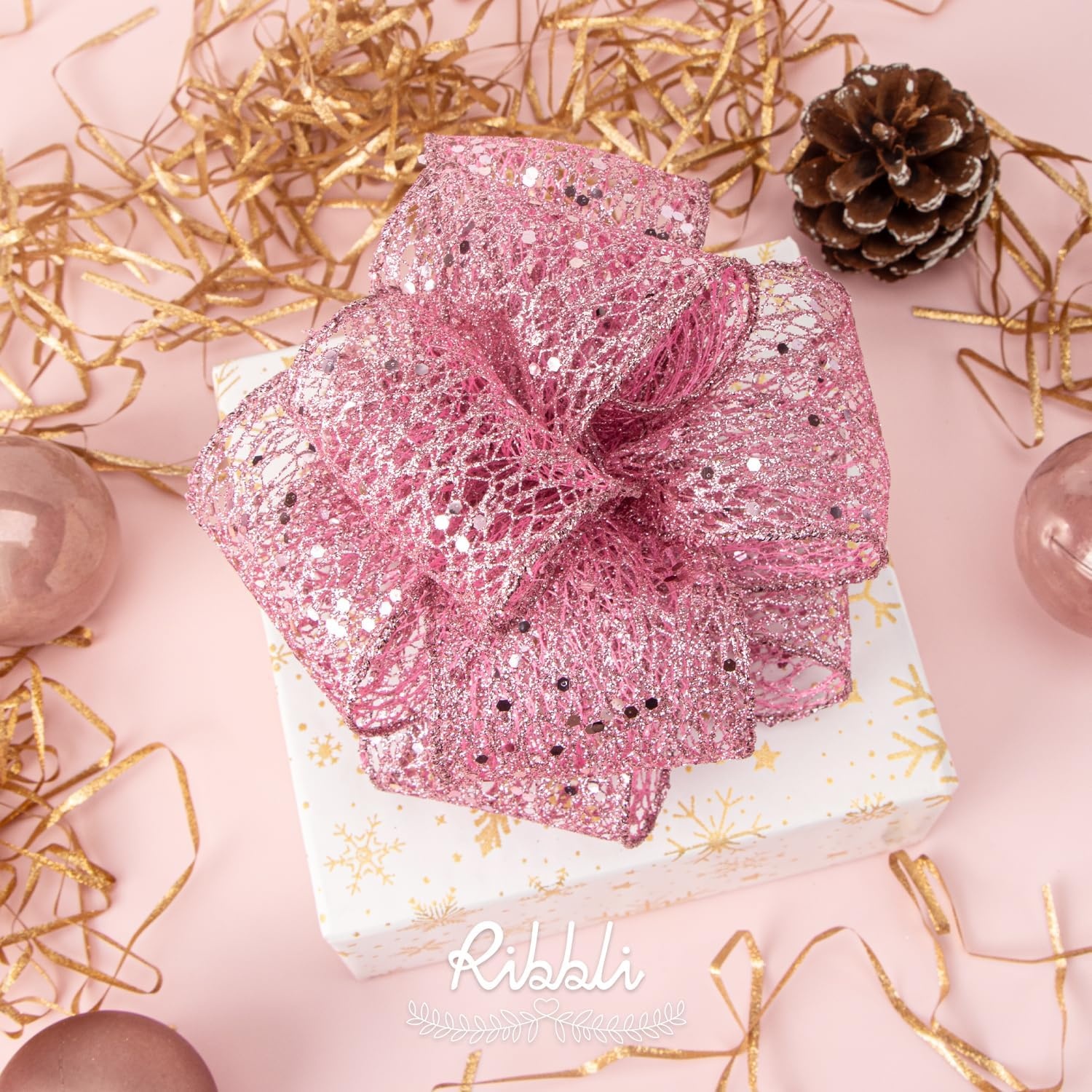 Ribbli Christmas Ribbon,Glitter Mesh Wired Ribbon for Christmas Tree, Silver Sparkling 2.5 Inch x 10 Yard for Crafts, Big Bow,Gift Wrapping, Wreath(Pink)