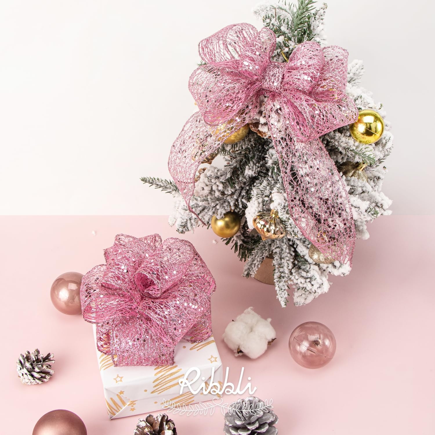 Ribbli Christmas Ribbon,Glitter Mesh Wired Ribbon for Christmas Tree, Silver Sparkling 2.5 Inch x 10 Yard for Crafts, Big Bow,Gift Wrapping, Wreath(Pink)