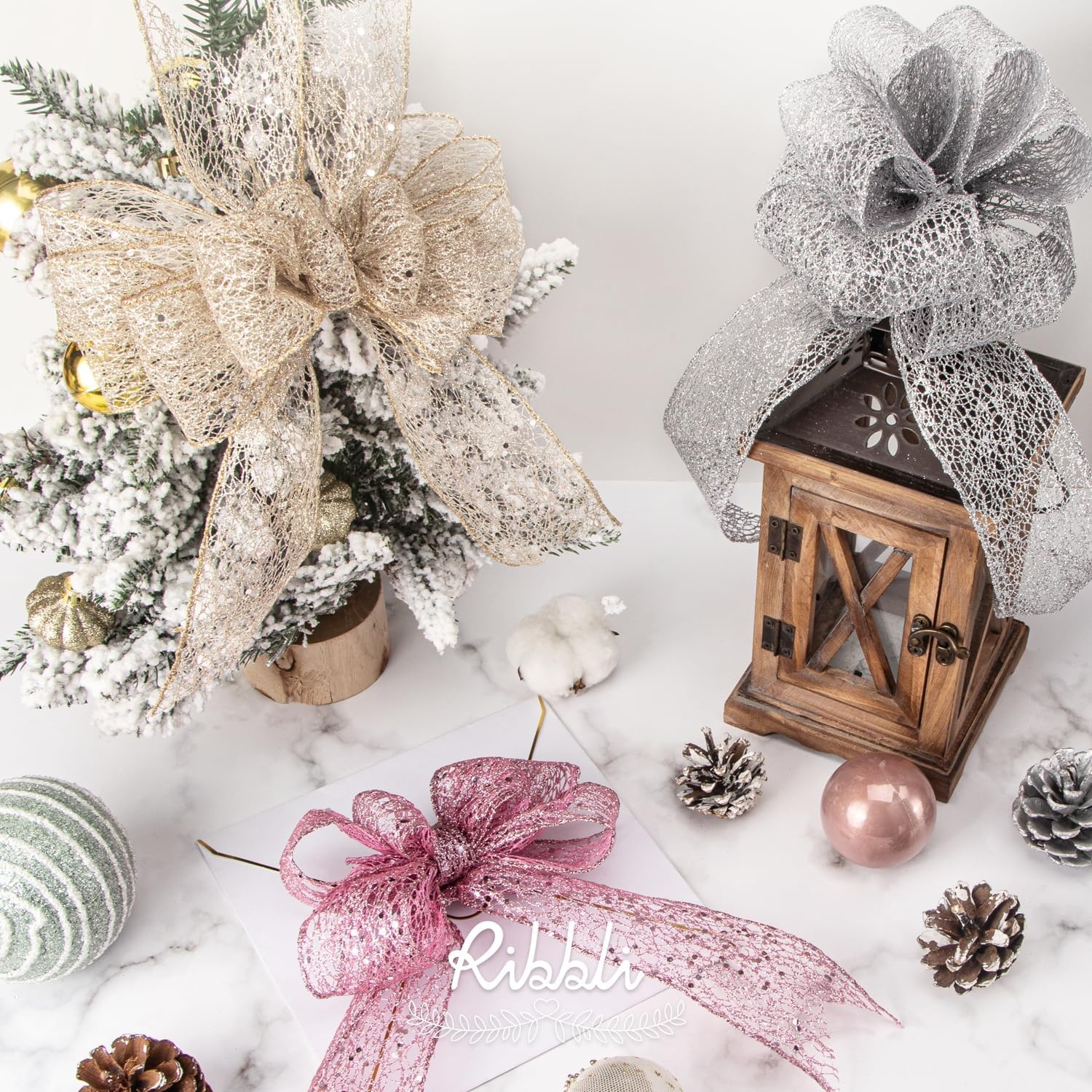 Ribbli Christmas Ribbon,Glitter Mesh Wired Ribbon for Christmas Tree, Silver Sparkling 2.5 Inch x 10 Yard for Crafts, Big Bow,Gift Wrapping, Wreath(Pink)