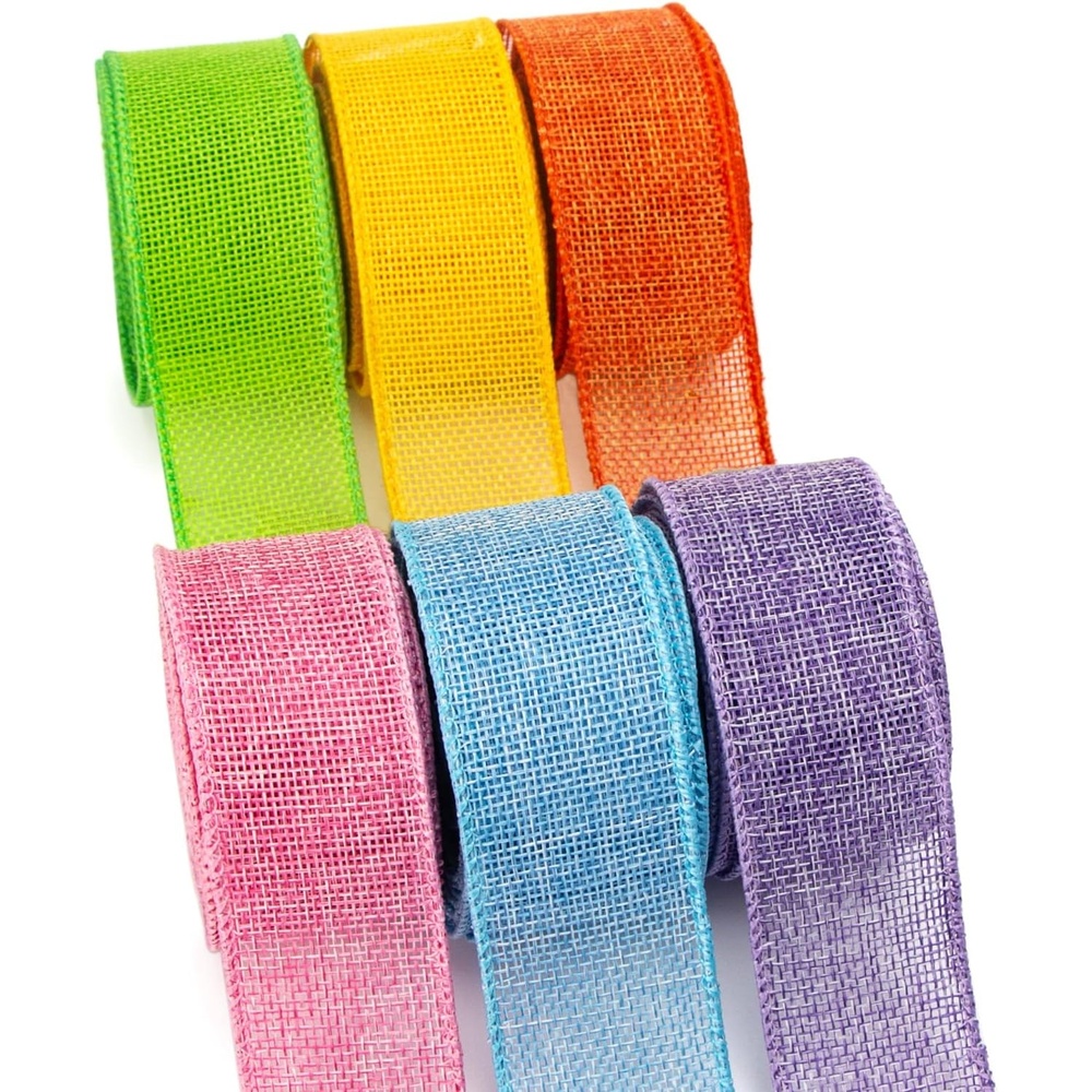 Ribbli Easter Burlap Ribbon-Pink/Blue/Lavender/Apple Green/Yellow/Orange Wired Ribbon 1.5 Inch x 6 Colors Total 30 Yard Easter Ribbon for Crafts Wreaths Big Bow Wrapping Outdoor Decoration