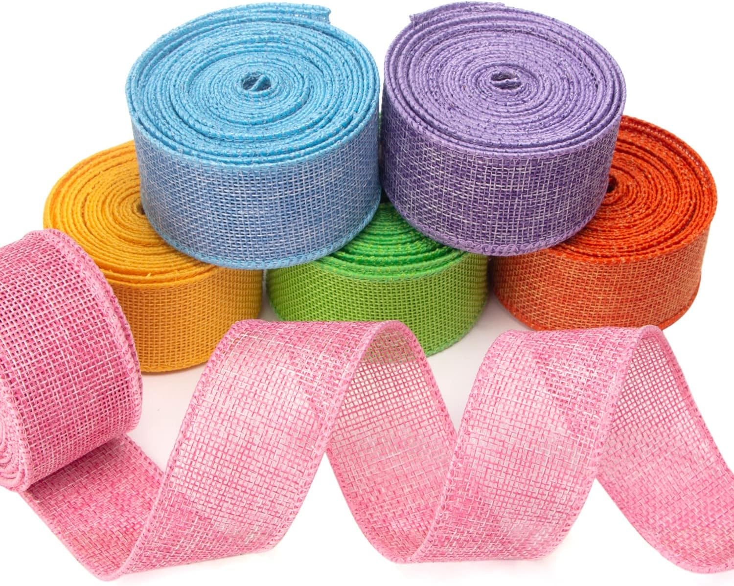 Ribbli Easter Burlap Ribbon-Pink/Blue/Lavender/Apple Green/Yellow/Orange Wired Ribbon 1.5 Inch x 6 Colors Total 30 Yard Easter Ribbon for Crafts Wreaths Big Bow Wrapping Outdoor Decoration