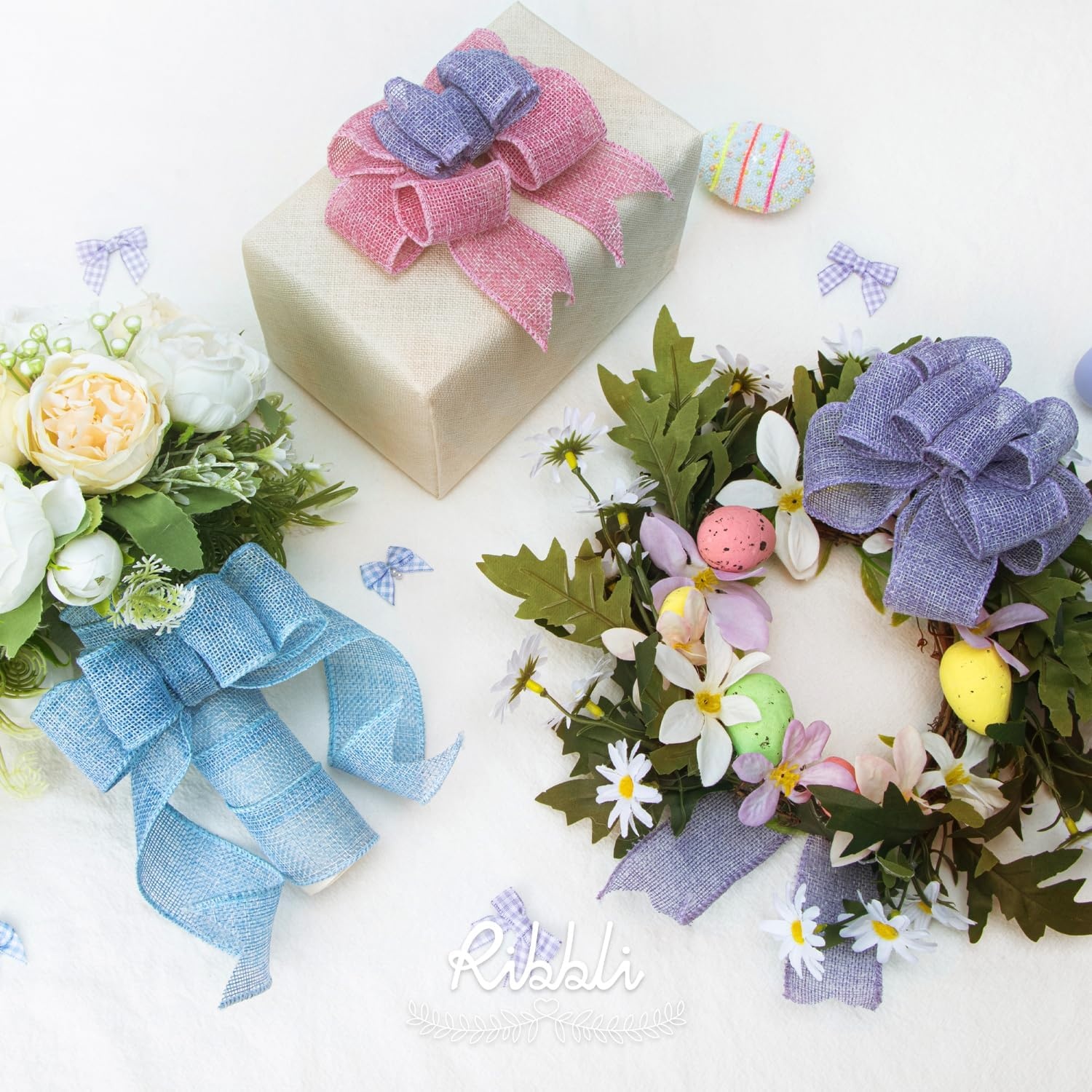 Ribbli Easter Burlap Ribbon-Pink/Blue/Lavender/Apple Green/Yellow/Orange Wired Ribbon 1.5 Inch x 6 Colors Total 30 Yard Easter Ribbon for Crafts Wreaths Big Bow Wrapping Outdoor Decoration