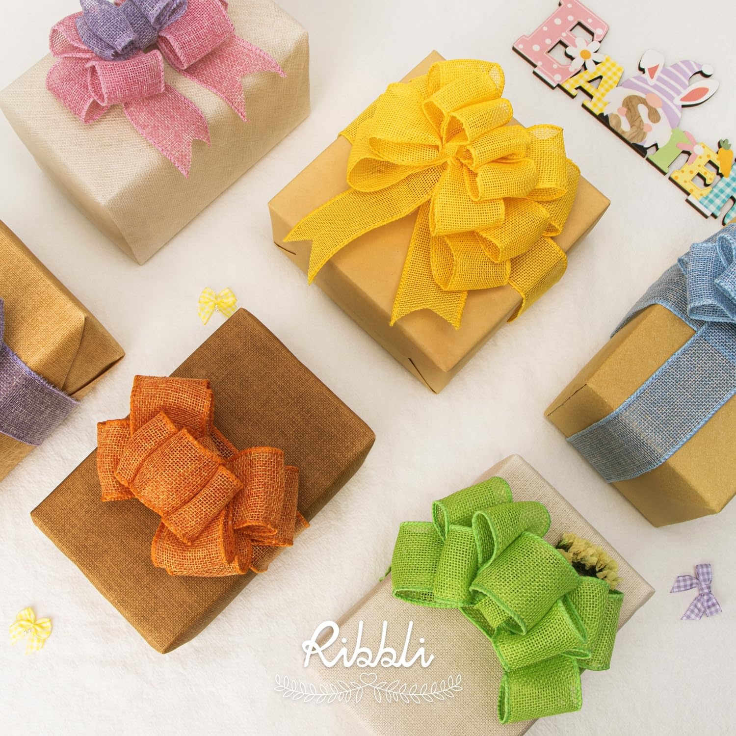 Ribbli Easter Burlap Ribbon-Pink/Blue/Lavender/Apple Green/Yellow/Orange Wired Ribbon 1.5 Inch x 6 Colors Total 30 Yard Easter Ribbon for Crafts Wreaths Big Bow Wrapping Outdoor Decoration