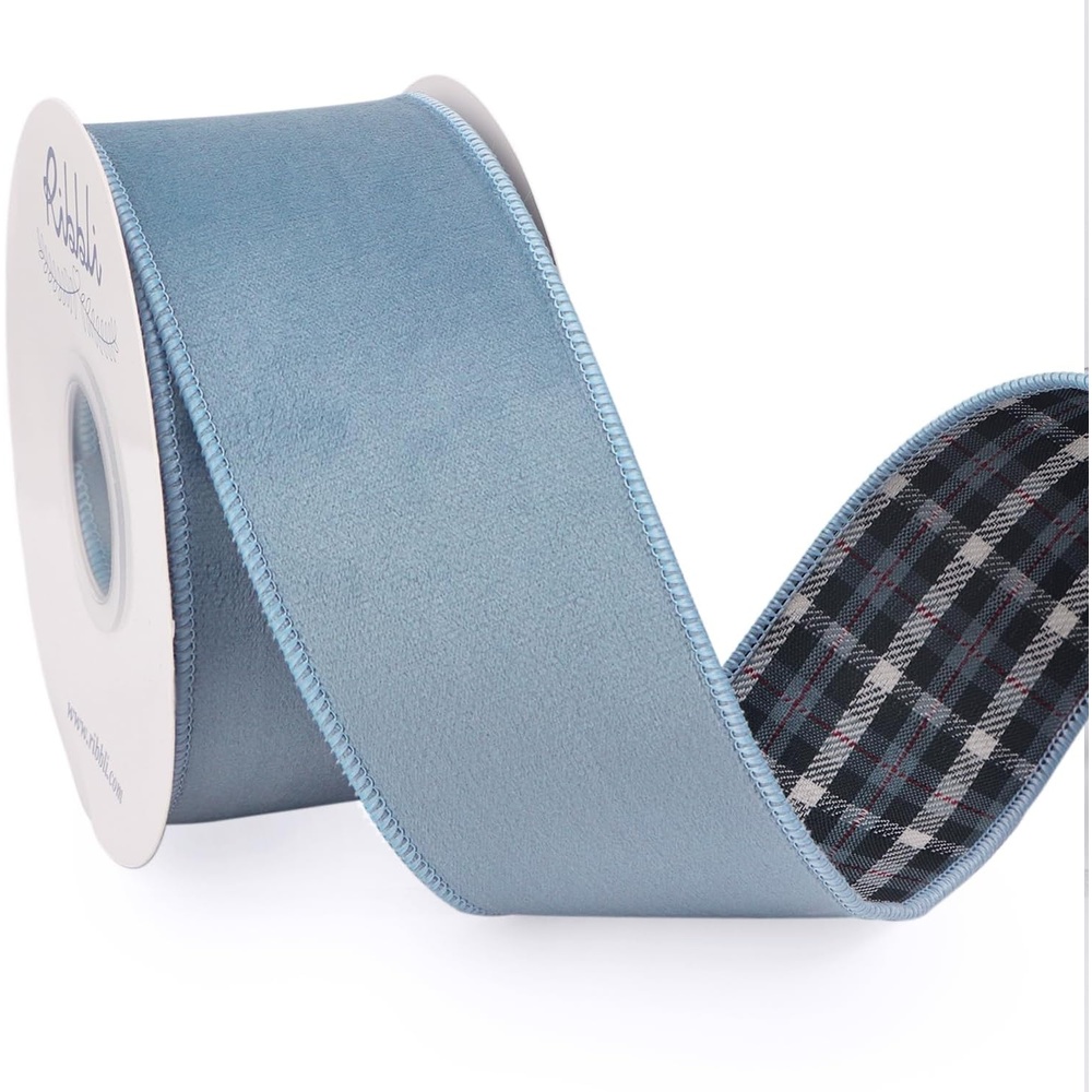 Ribbli Red Velvet Wired Ribbon with Metallic Plaid Reversible 2.5 Inch Christmas Ribbon for Gift Wrapping Christmas Tree Decoration Crafts Wreaths Supplies-Continuous 10 Yards(Dusty Blue)