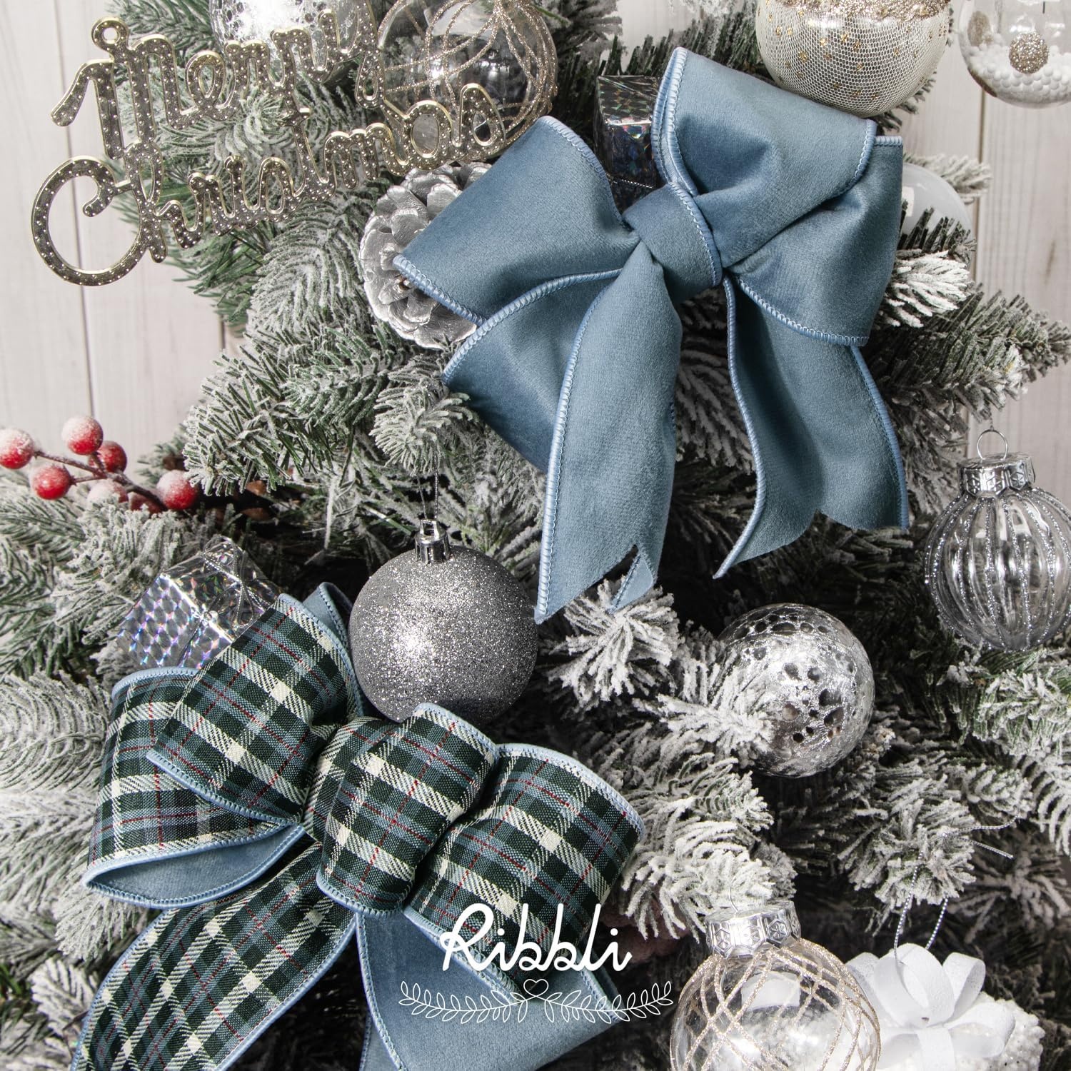 Ribbli Red Velvet Wired Ribbon with Metallic Plaid Reversible 2.5 Inch Christmas Ribbon for Gift Wrapping Christmas Tree Decoration Crafts Wreaths Supplies-Continuous 10 Yards(Dusty Blue)