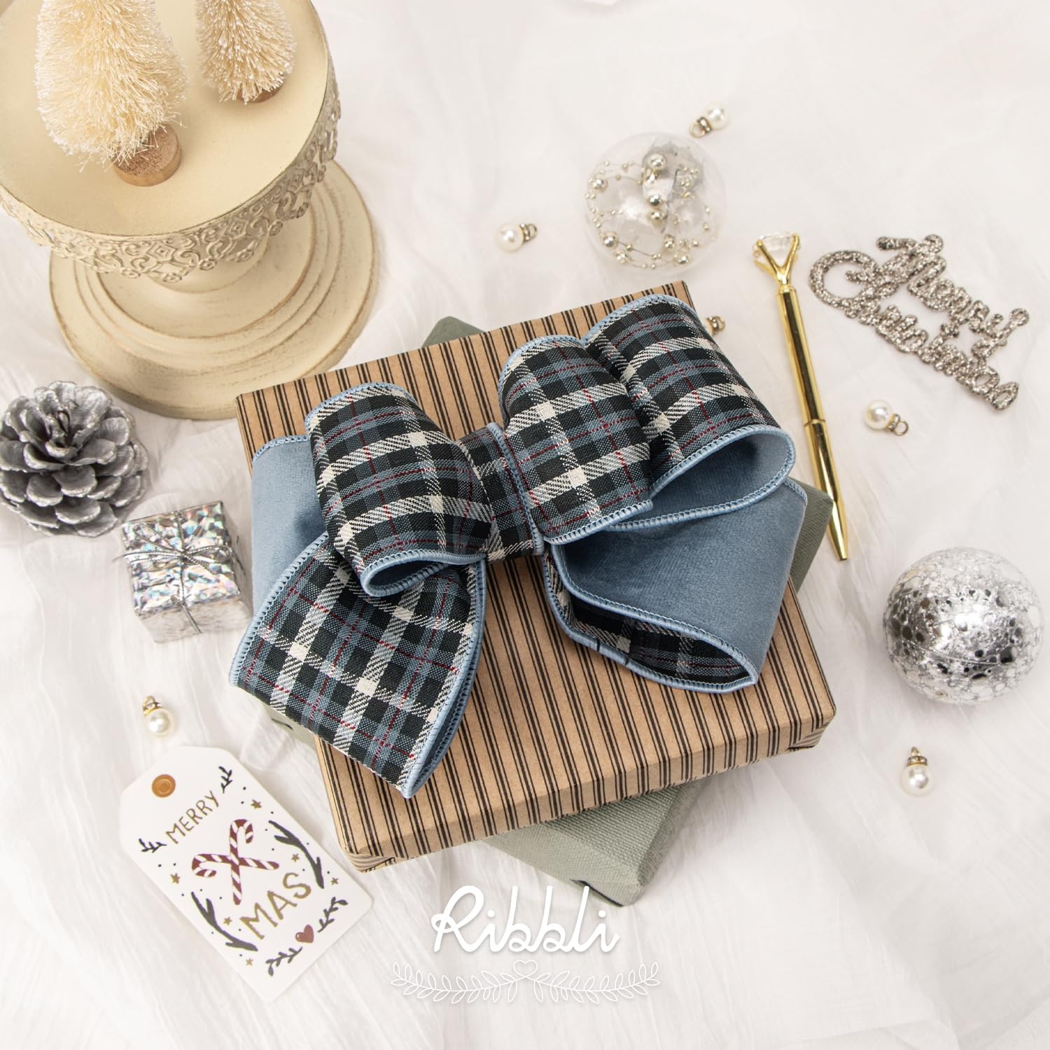 Ribbli Red Velvet Wired Ribbon with Metallic Plaid Reversible 2.5 Inch Christmas Ribbon for Gift Wrapping Christmas Tree Decoration Crafts Wreaths Supplies-Continuous 10 Yards(Dusty Blue)