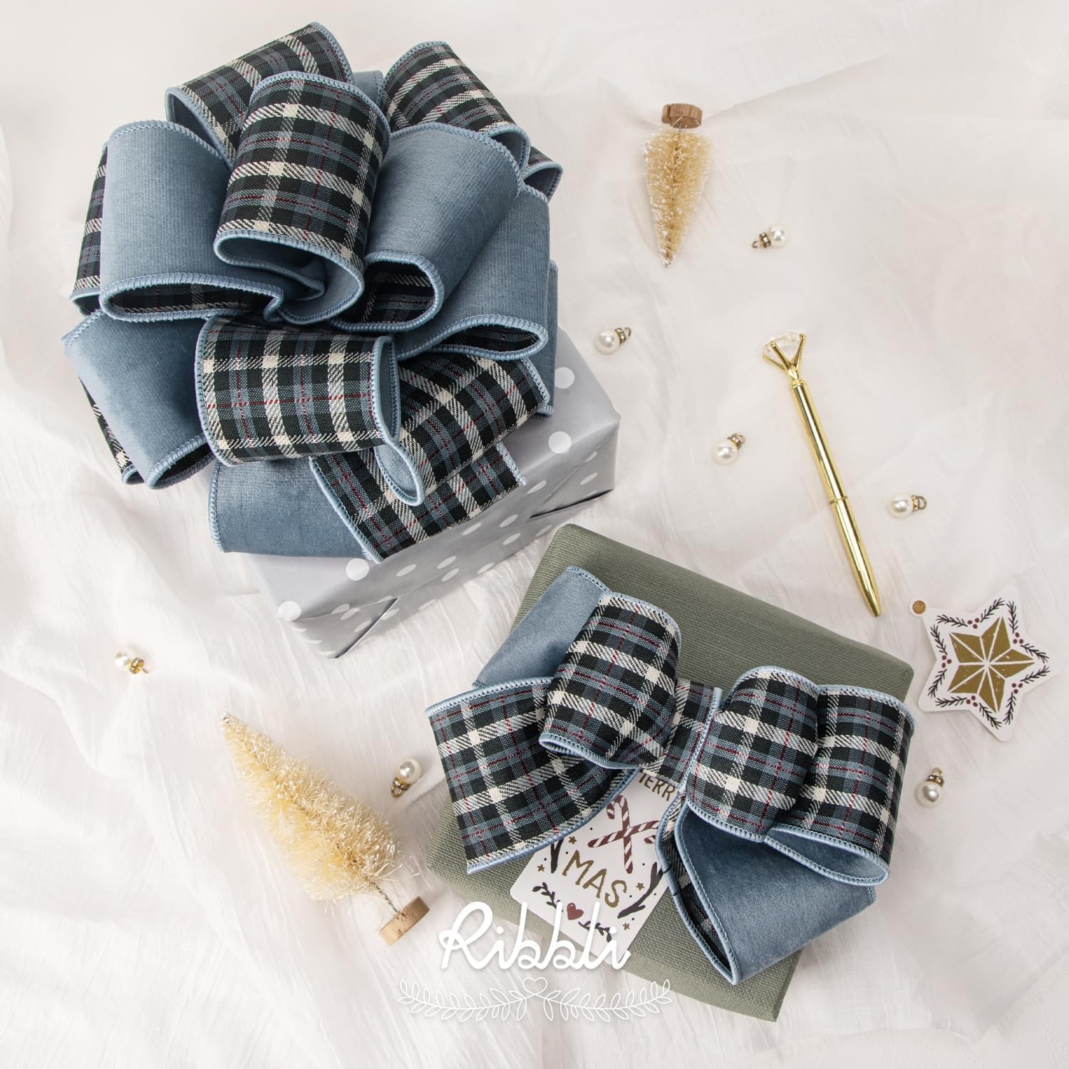Ribbli Red Velvet Wired Ribbon with Metallic Plaid Reversible 2.5 Inch Christmas Ribbon for Gift Wrapping Christmas Tree Decoration Crafts Wreaths Supplies-Continuous 10 Yards(Dusty Blue)
