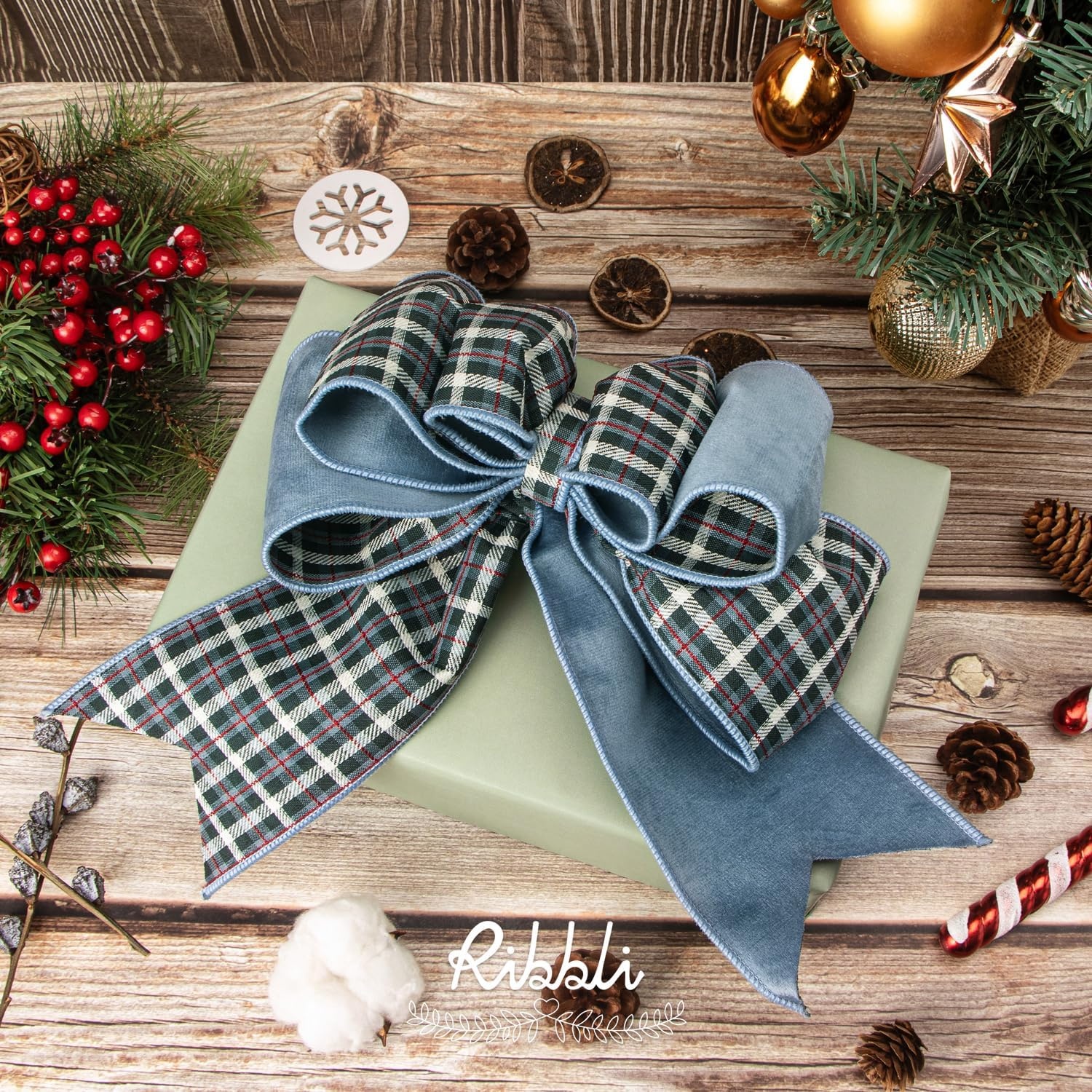 Ribbli Red Velvet Wired Ribbon with Metallic Plaid Reversible 2.5 Inch Christmas Ribbon for Gift Wrapping Christmas Tree Decoration Crafts Wreaths Supplies-Continuous 10 Yards(Dusty Blue)