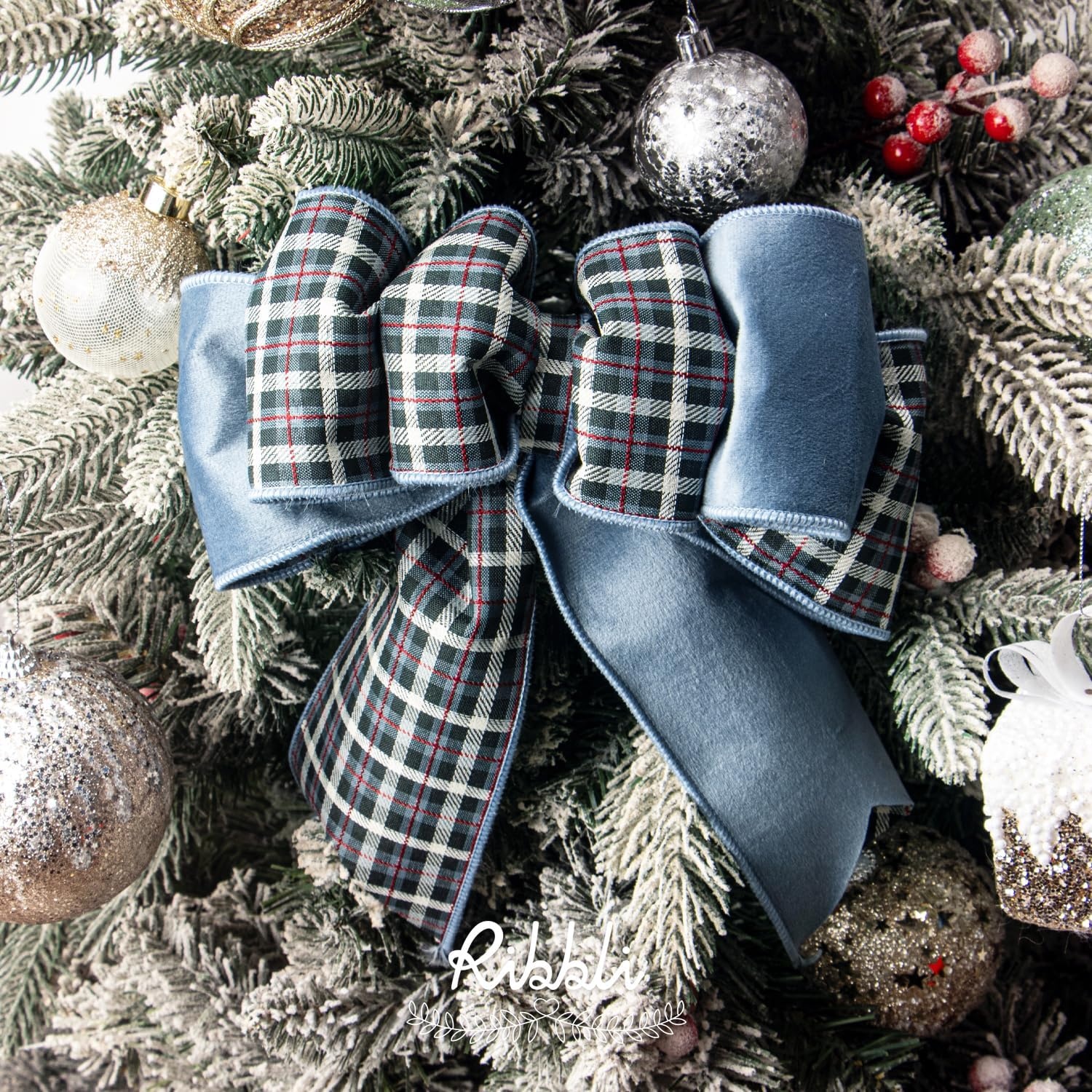 Ribbli Red Velvet Wired Ribbon with Metallic Plaid Reversible 2.5 Inch Christmas Ribbon for Gift Wrapping Christmas Tree Decoration Crafts Wreaths Supplies-Continuous 10 Yards(Dusty Blue)