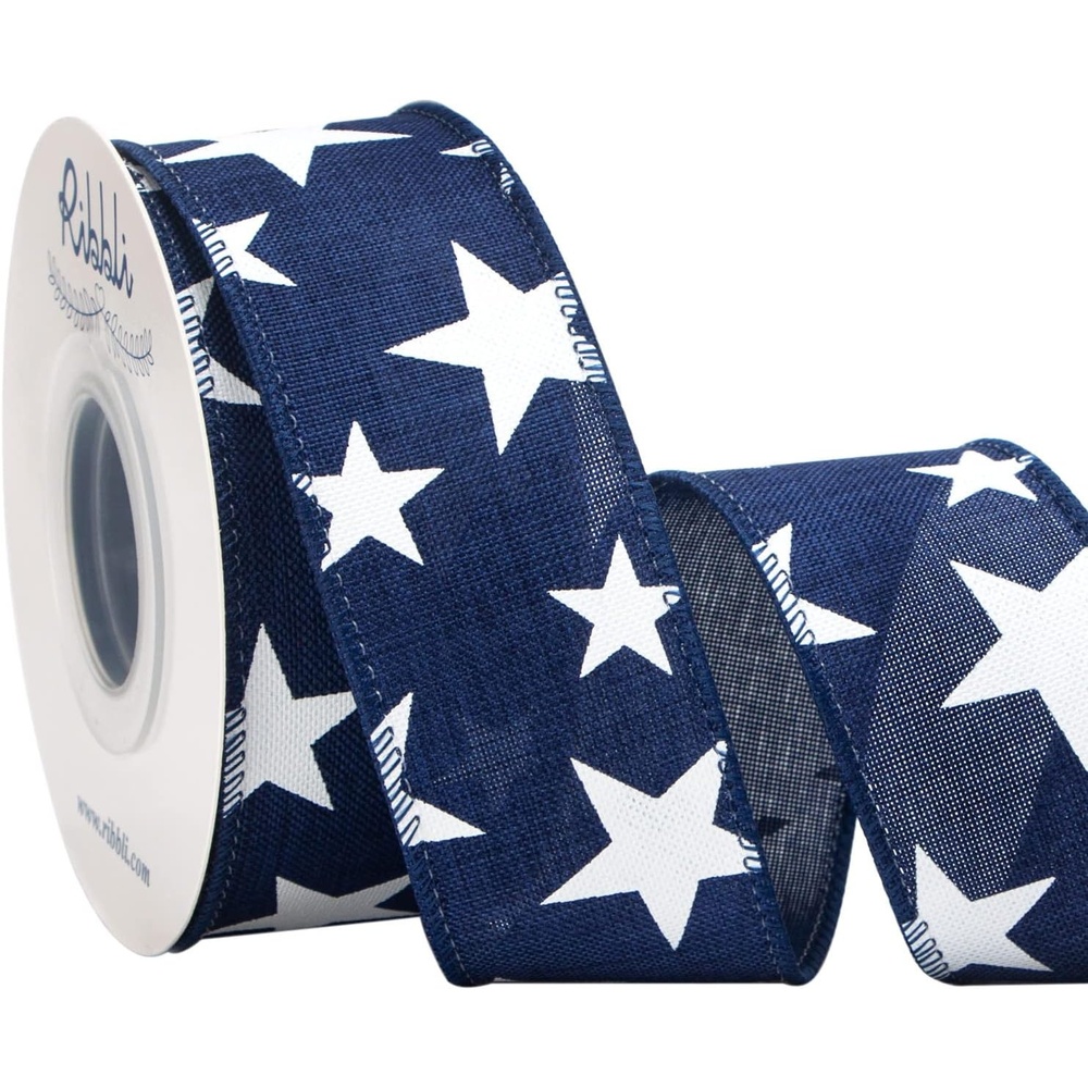 Ribbli Patriotic Ribbon Wired Navy with White Star 1-1/2 Inch x 10 Yard Red White Blue Ribbon for Wreaths,Crafts,Big Bows,Gift Wrapping, 4th of July, Independence Day, Memorial Day