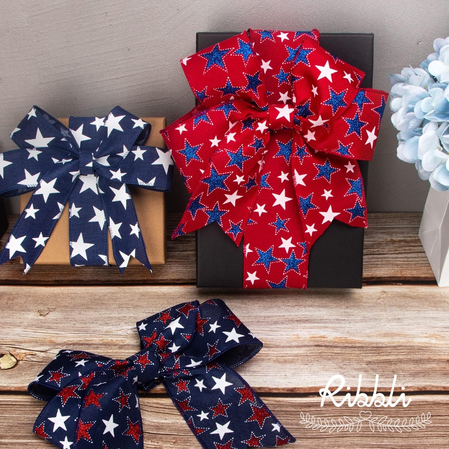 Ribbli Patriotic Ribbon Wired Navy with White Star 1-1/2 Inch x 10 Yard Red White Blue Ribbon for Wreaths,Crafts,Big Bows,Gift Wrapping, 4th of July, Independence Day, Memorial Day