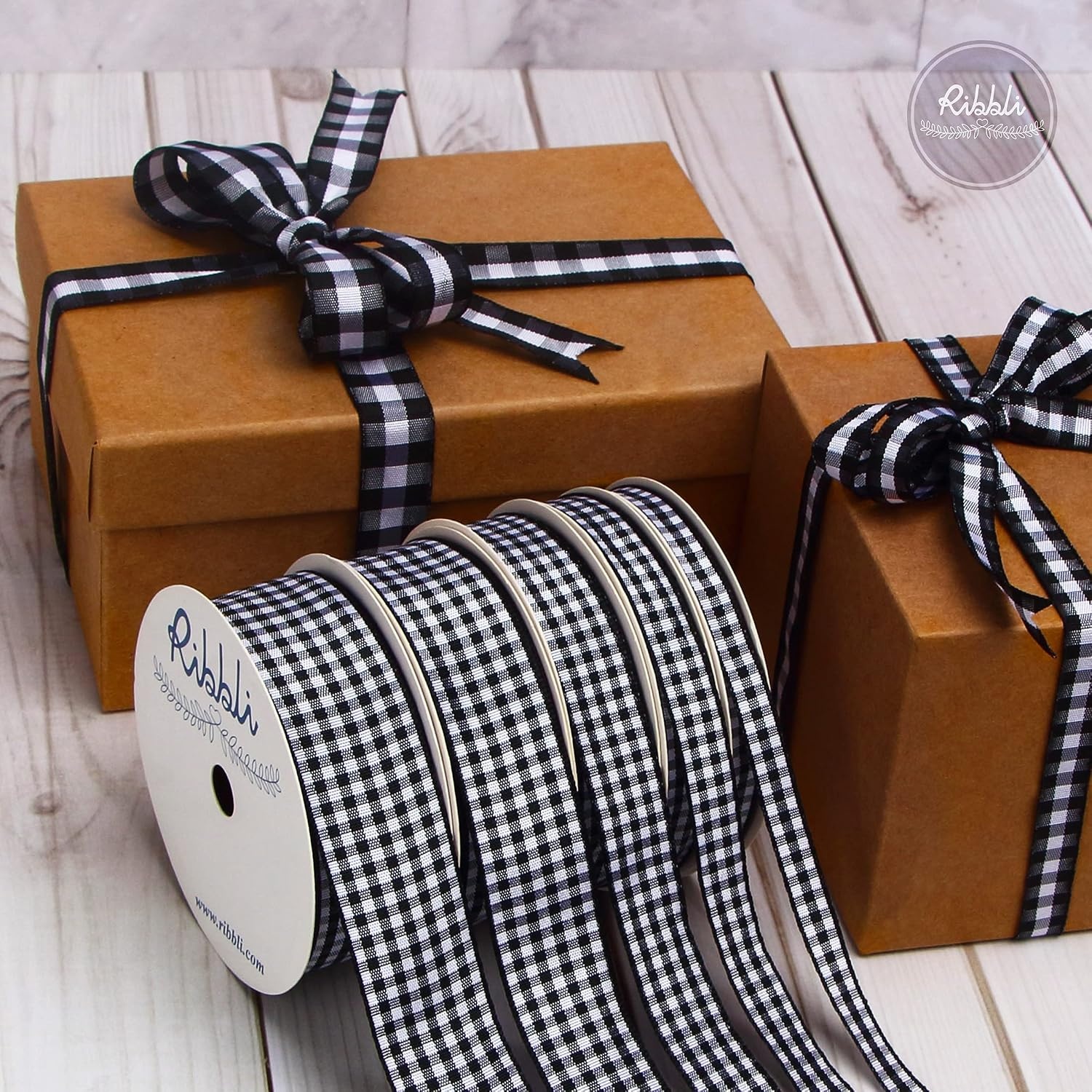 Ribbli 2 Rolls Black and White Gingham Ribbon,Total 20 Yards,3/8 Inch x 10 Yard Each Roll,Polyester Woven Edge,2 Styles Buffalo Checked Ribbon(Black/White)