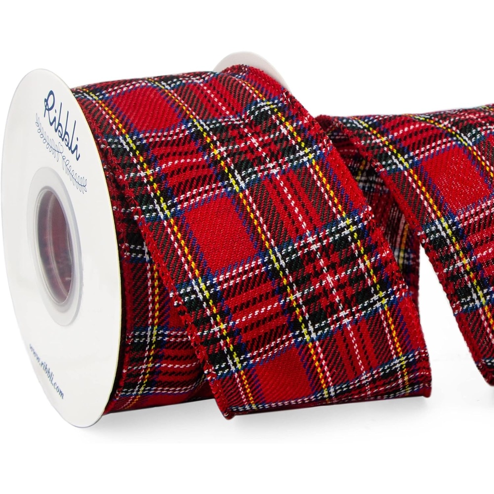 Ribbli Christmas Plaid Wired Ribbon, Red Plaid Ribbon 2-1/2 Inch x Continuous 10 Yard, Christmas Ribbon for Gift Wrapping, Big Bow, Wreath, Polyester-Red/Blue/Yellow/White