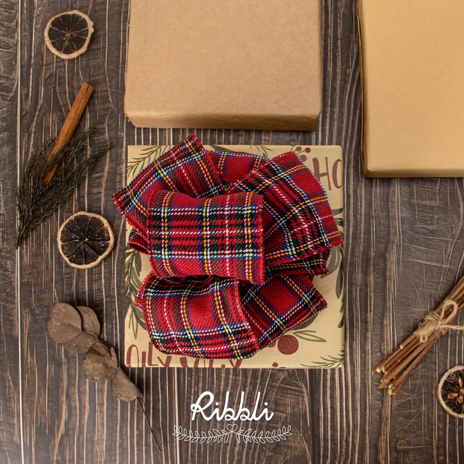 Ribbli Christmas Plaid Wired Ribbon, Red Plaid Ribbon 2-1/2 Inch x Continuous 10 Yard, Christmas Ribbon for Gift Wrapping, Big Bow, Wreath, Polyester-Red/Blue/Yellow/White