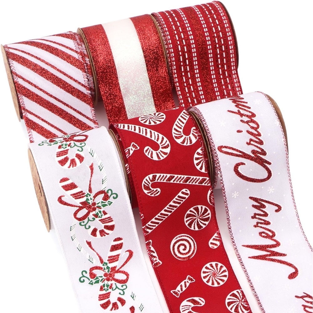 Ribbli Christmas Ribbon Wired Black Champagne Christmas Tree Ribbon Snowflake Glitter Wired Ribbons for Tree Topper Bow Crafts Gift Wrapping Wreaths Garland Home Decor -2.5 Inchx6 Rolls Total 36Yard(Red/White)
