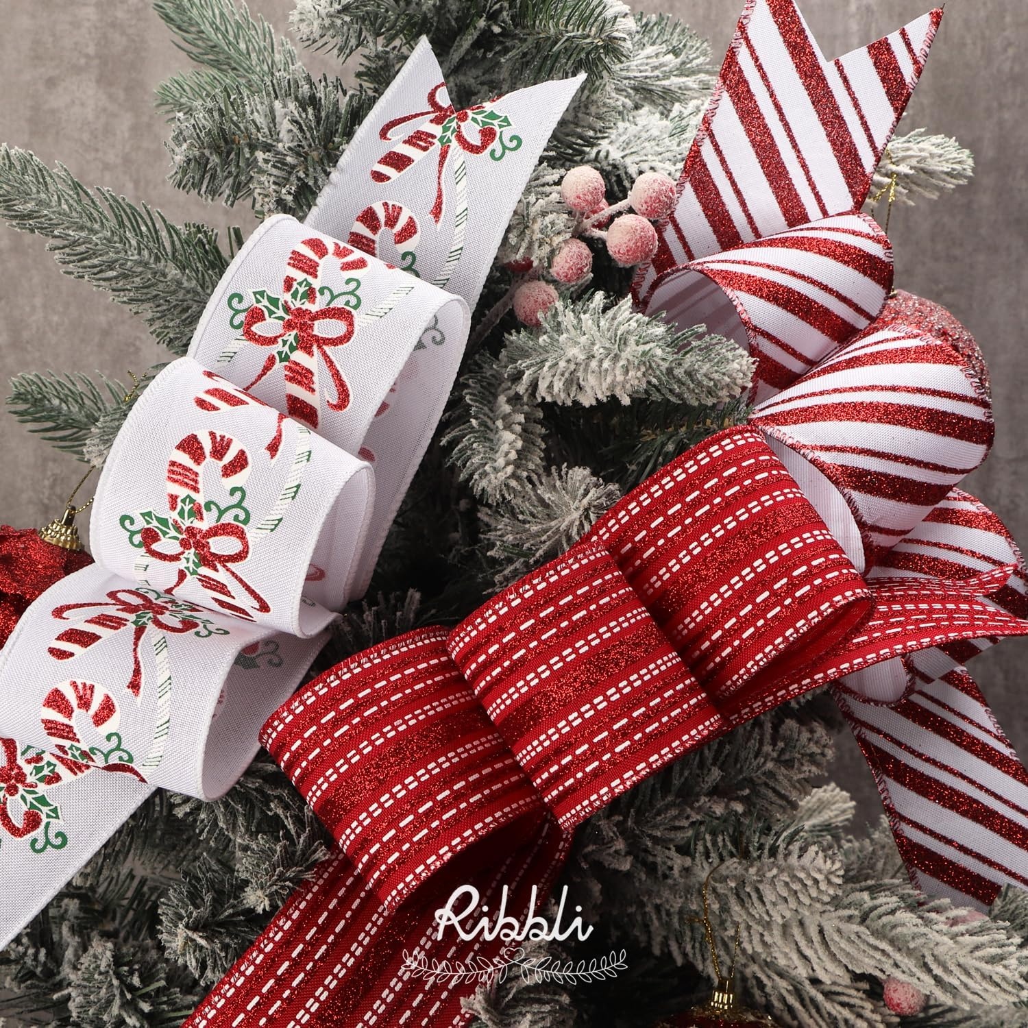 Ribbli Christmas Ribbon Wired Black Champagne Christmas Tree Ribbon Snowflake Glitter Wired Ribbons for Tree Topper Bow Crafts Gift Wrapping Wreaths Garland Home Decor -2.5 Inchx6 Rolls Total 36Yard(Red/White)