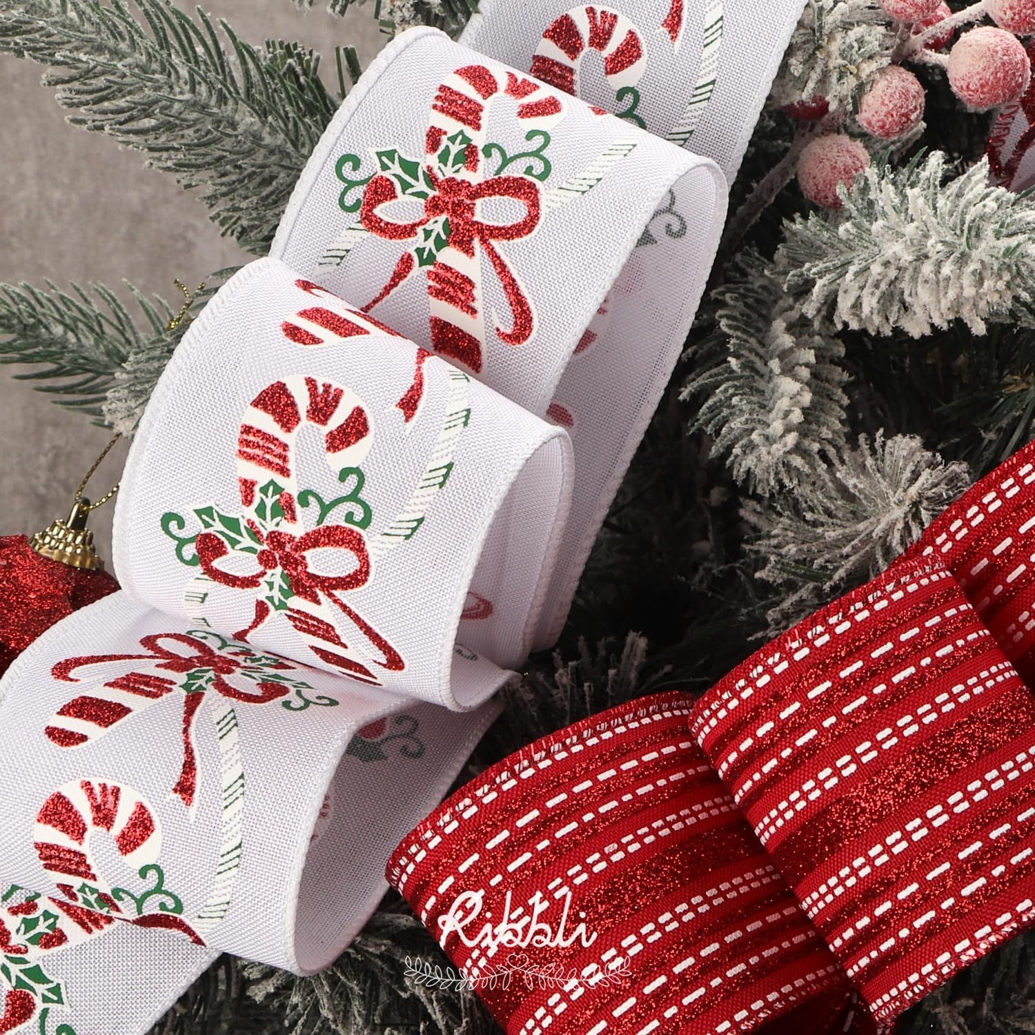 Ribbli Christmas Ribbon Wired Black Champagne Christmas Tree Ribbon Snowflake Glitter Wired Ribbons for Tree Topper Bow Crafts Gift Wrapping Wreaths Garland Home Decor -2.5 Inchx6 Rolls Total 36Yard(Red/White)