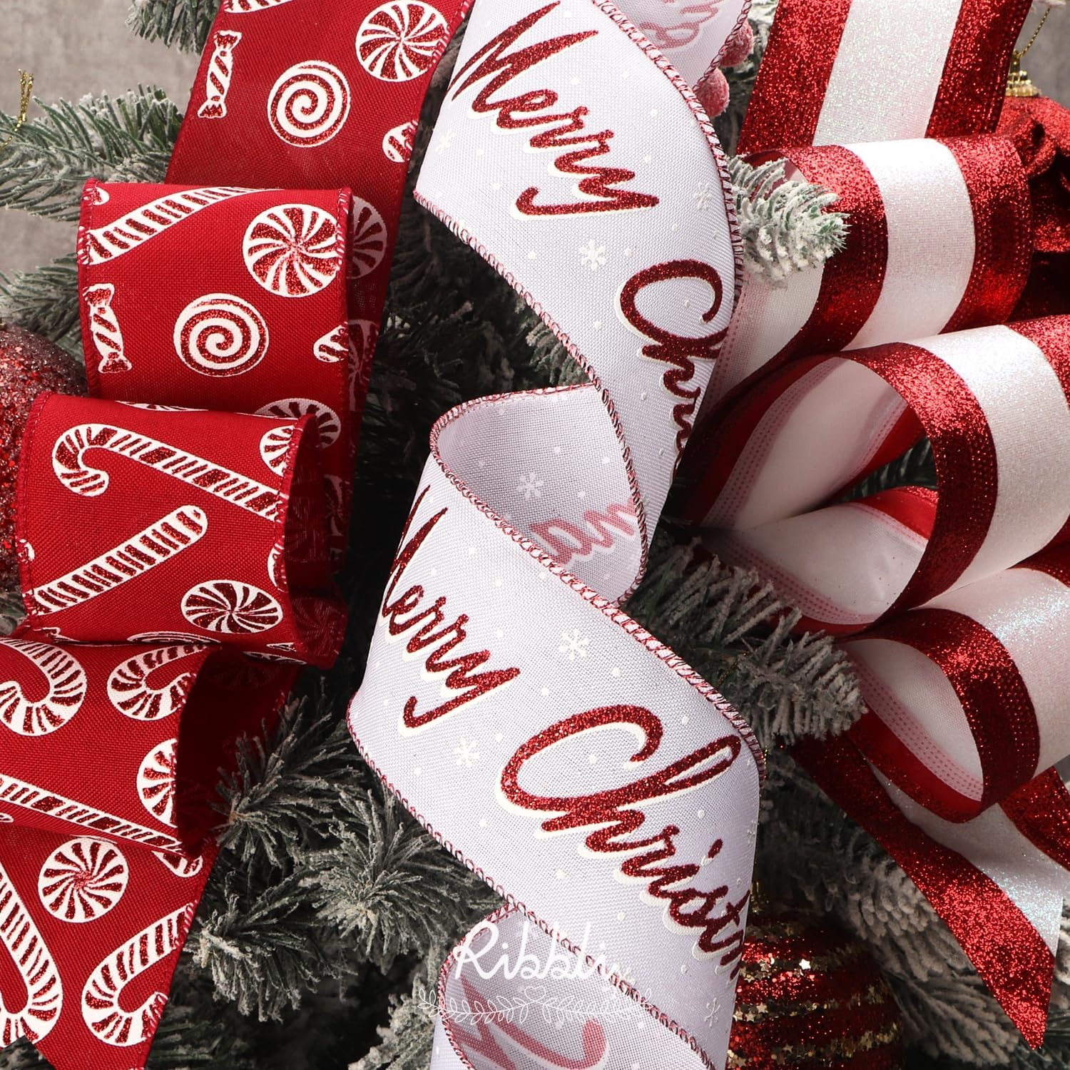 Ribbli Christmas Ribbon Wired Black Champagne Christmas Tree Ribbon Snowflake Glitter Wired Ribbons for Tree Topper Bow Crafts Gift Wrapping Wreaths Garland Home Decor -2.5 Inchx6 Rolls Total 36Yard(Red/White)