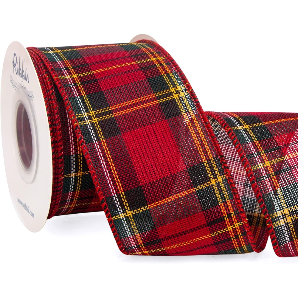 Ribbli Christmas Burlap Wired Ribbon, Buffalo Plaid with Burlap 2-1/2 Inch x Continuous 10 Yard, Christmas Ribbon for Tree, Gift Wrapping, Big Bow, Wreath-Black/White/Natural(Red/Green/Yellow)