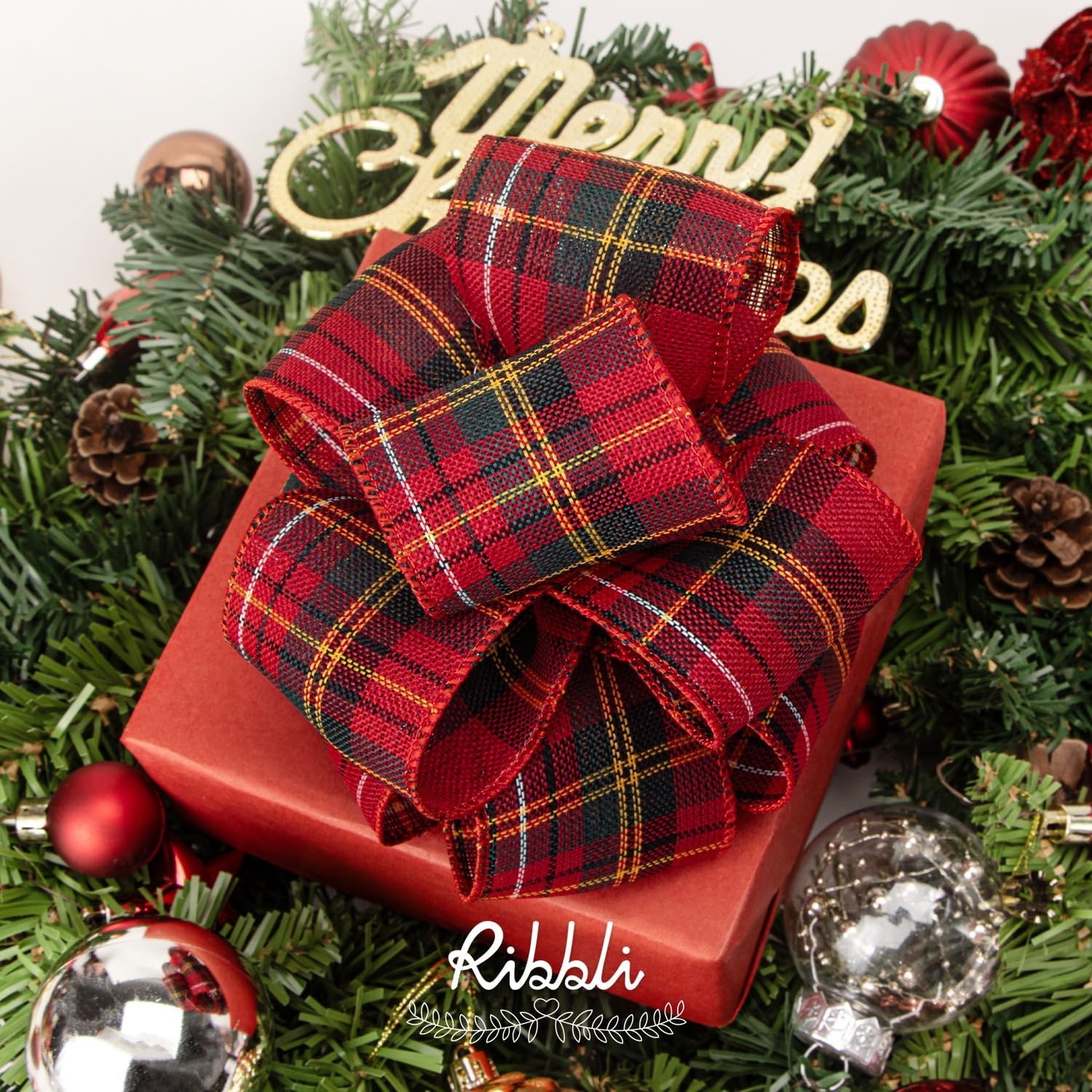 Ribbli Christmas Burlap Wired Ribbon, Buffalo Plaid with Burlap 2-1/2 Inch x Continuous 10 Yard, Christmas Ribbon for Tree, Gift Wrapping, Big Bow, Wreath-Black/White/Natural(Red/Green/Yellow)