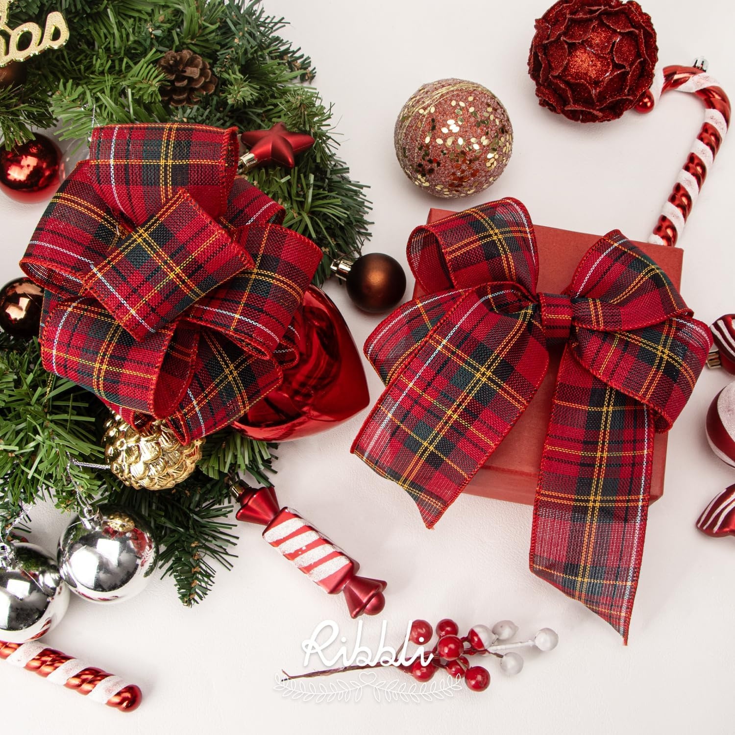 Ribbli Christmas Burlap Wired Ribbon, Buffalo Plaid with Burlap 2-1/2 Inch x Continuous 10 Yard, Christmas Ribbon for Tree, Gift Wrapping, Big Bow, Wreath-Black/White/Natural(Red/Green/Yellow)