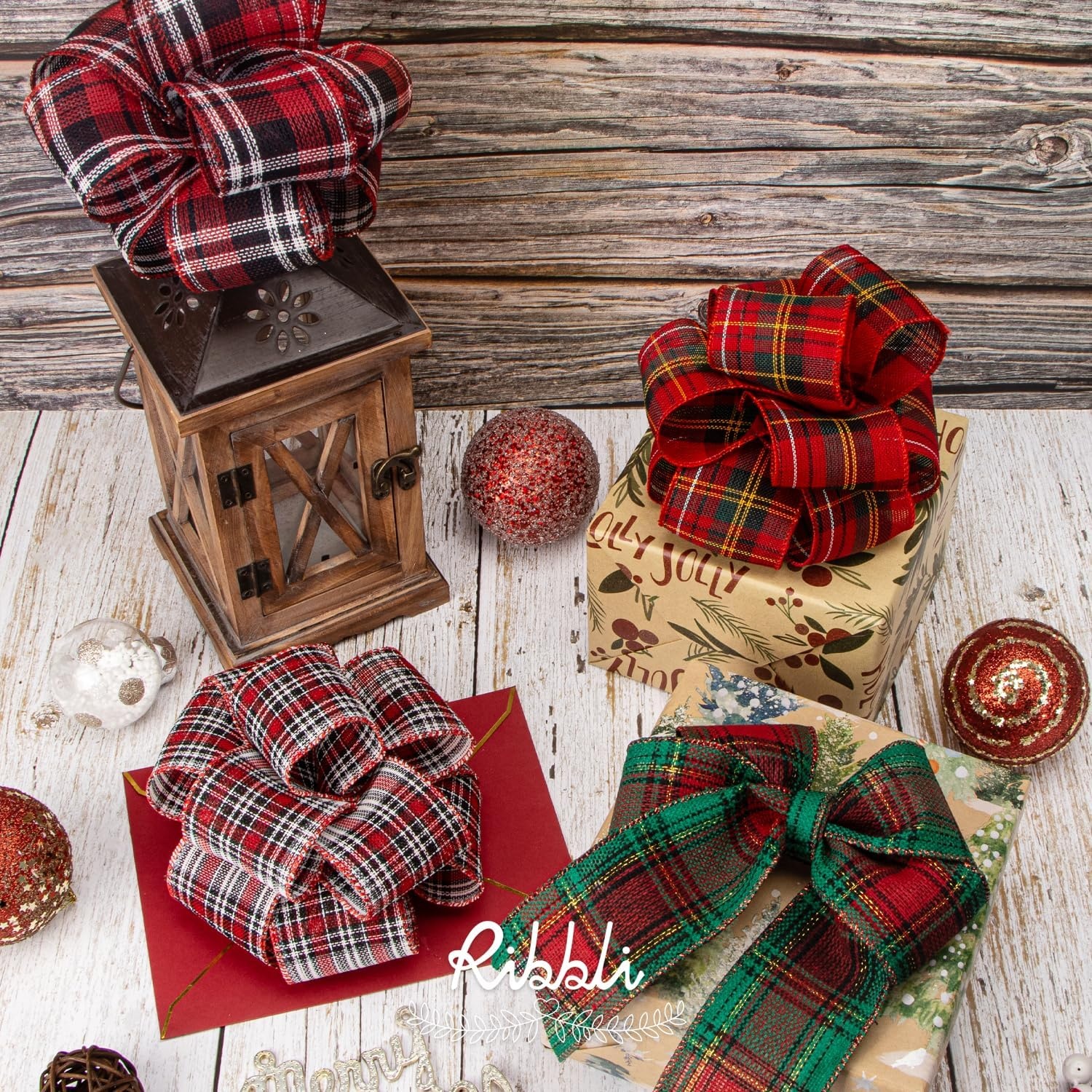 Ribbli Christmas Burlap Wired Ribbon, Buffalo Plaid with Burlap 2-1/2 Inch x Continuous 10 Yard, Christmas Ribbon for Tree, Gift Wrapping, Big Bow, Wreath-Black/White/Natural(Red/Green/Yellow)