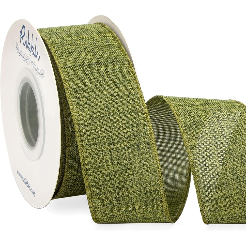 Ribbli Pink Linen Wired Ribbon, 1-1/2 Inch x 10 Yard, Pink Burlap Wired Ribbon for Easter Wreaths, Big Bows, Gift Wrapping, Christmas Tree Decoration(Moss Green)