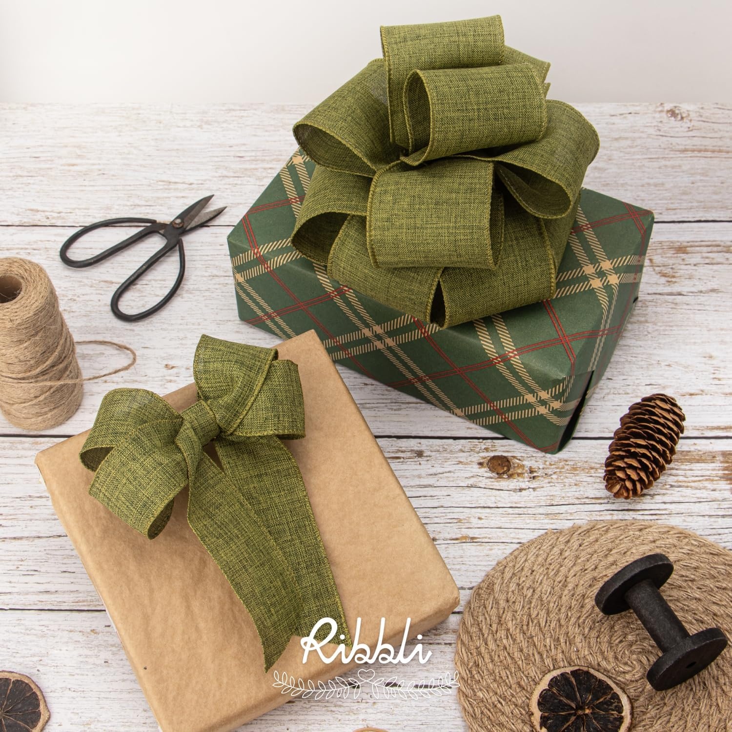 Ribbli Pink Linen Wired Ribbon, 1-1/2 Inch x 10 Yard, Pink Burlap Wired Ribbon for Easter Wreaths, Big Bows, Gift Wrapping, Christmas Tree Decoration(Moss Green)