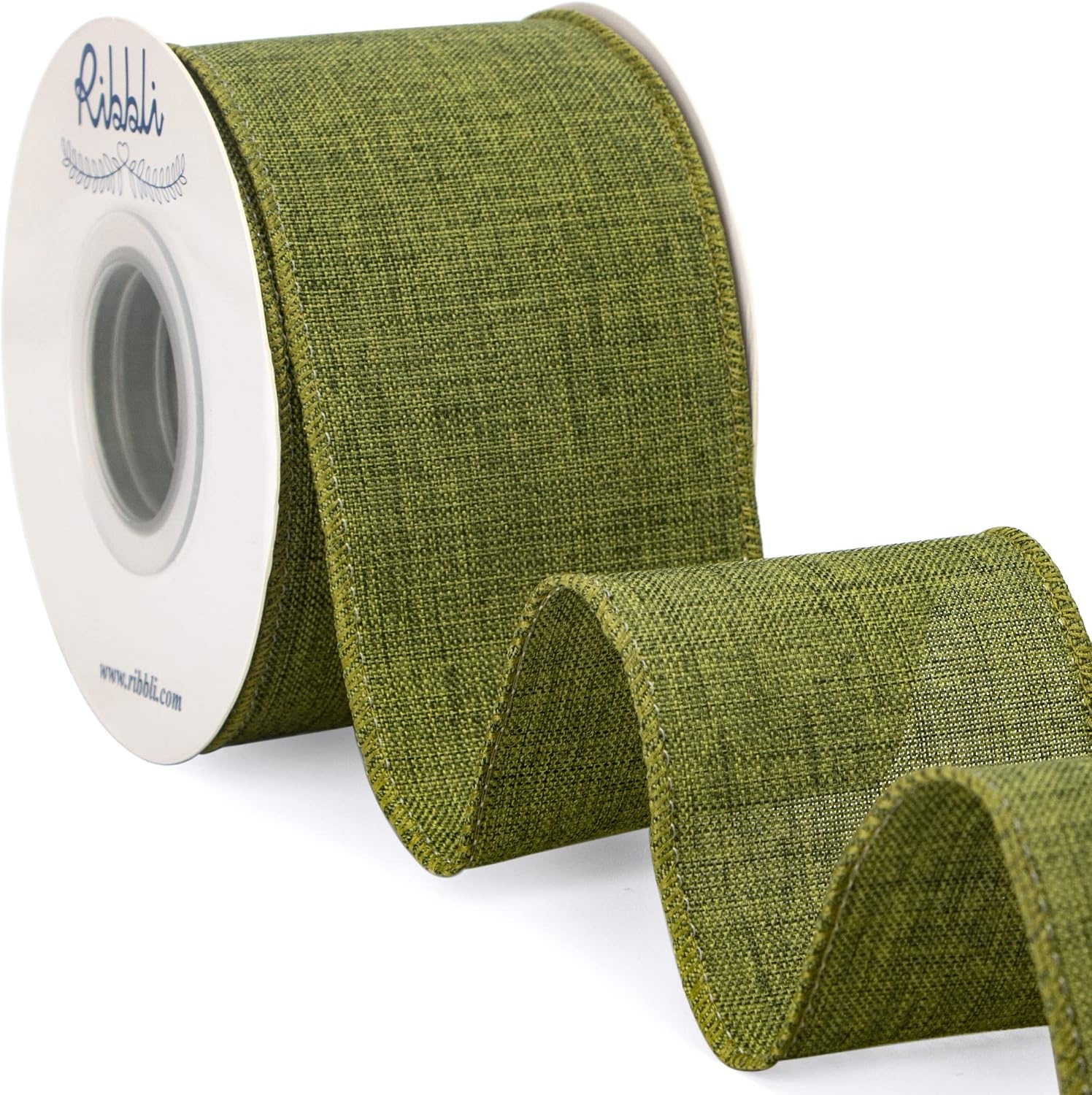 Ribbli Pink Linen Wired Ribbon, 1-1/2 Inch x 10 Yard, Pink Burlap Wired Ribbon for Easter Wreaths, Big Bows, Gift Wrapping, Christmas Tree Decoration(Moss Green)