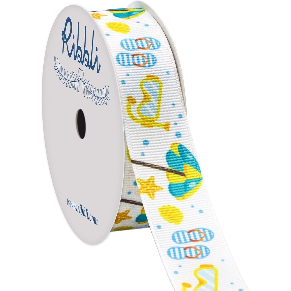 Ribbli Grosgrain Summer Beach & Flip-Flop Craft Ribbon,7/8-Inch,10-Yard Spool,White/Yellow/Blue,Use for Hair Bows,Wreath,Birthday,Gift Wrapping,Summer Decoration,All Crafting and Sewing