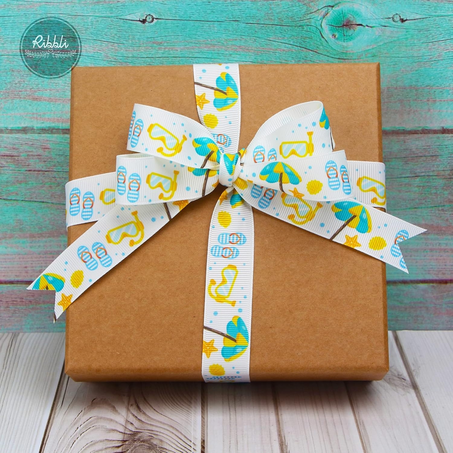 Ribbli Grosgrain Summer Beach & Flip-Flop Craft Ribbon,7/8-Inch,10-Yard Spool,White/Yellow/Blue,Use for Hair Bows,Wreath,Birthday,Gift Wrapping,Summer Decoration,All Crafting and Sewing