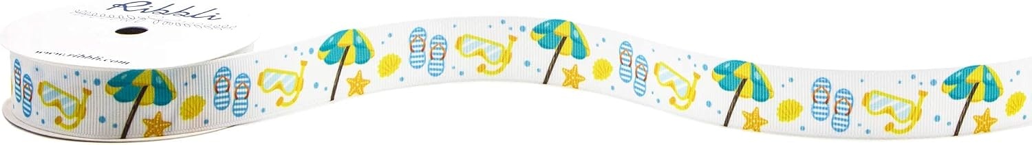 Ribbli Grosgrain Summer Beach & Flip-Flop Craft Ribbon,7/8-Inch,10-Yard Spool,White/Yellow/Blue,Use for Hair Bows,Wreath,Birthday,Gift Wrapping,Summer Decoration,All Crafting and Sewing