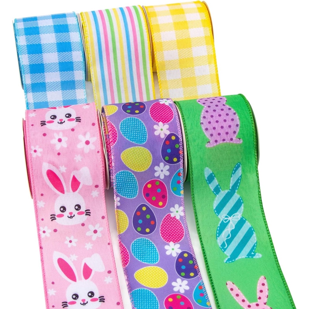 Ribbli Easter Ribbon Wired-Easter Bunny/Eggs/Colorful Stripe/Yellow and Blue Check Burlap Ribbon 2-1/2 Inch Total 90 Feets(30 Yards) 6 Rolls Spring Ribbon for Crafts Wreaths Wrapping Outdoor Decor