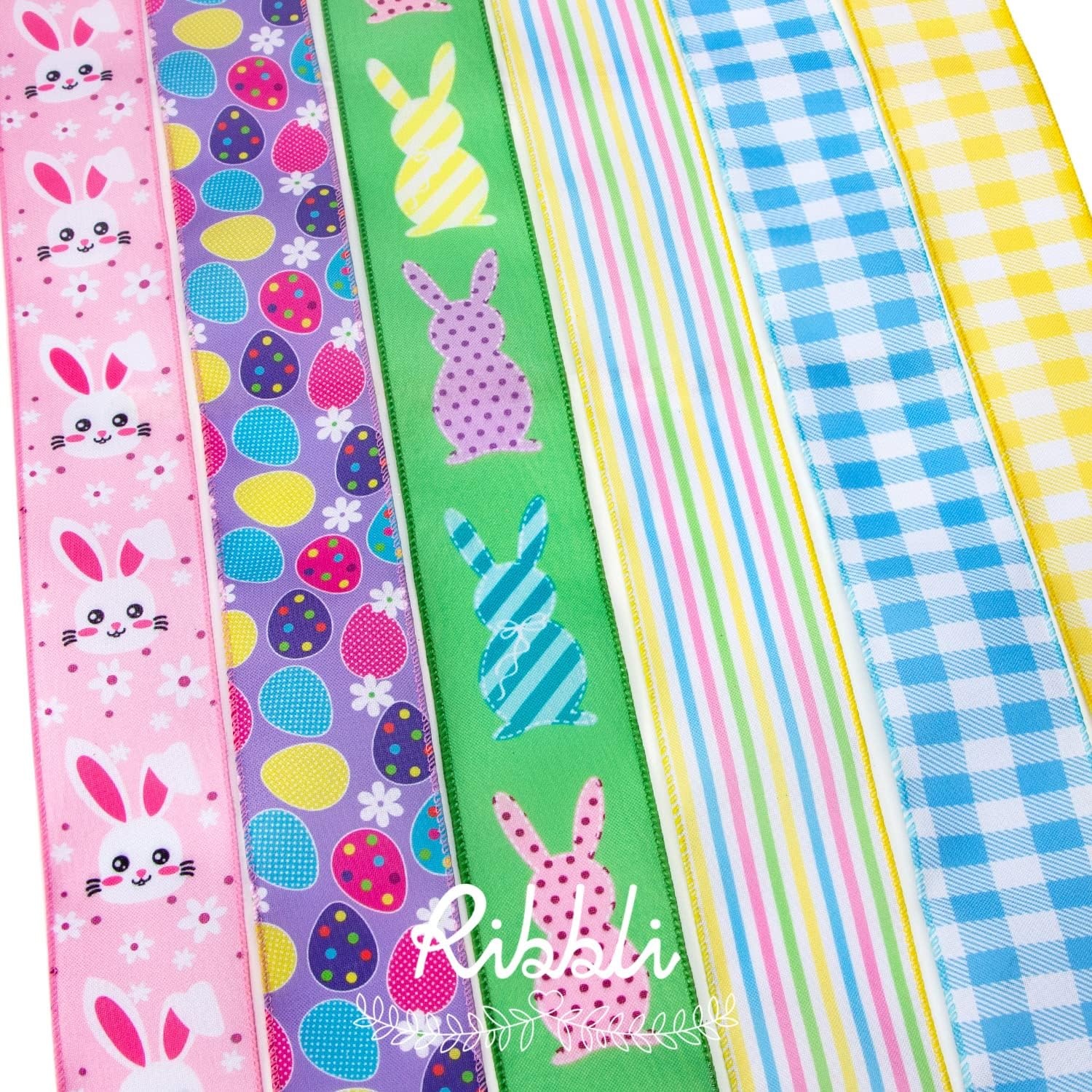 Ribbli Easter Ribbon Wired-Easter Bunny/Eggs/Colorful Stripe/Yellow and Blue Check Burlap Ribbon 2-1/2 Inch Total 90 Feets(30 Yards) 6 Rolls Spring Ribbon for Crafts Wreaths Wrapping Outdoor Decor