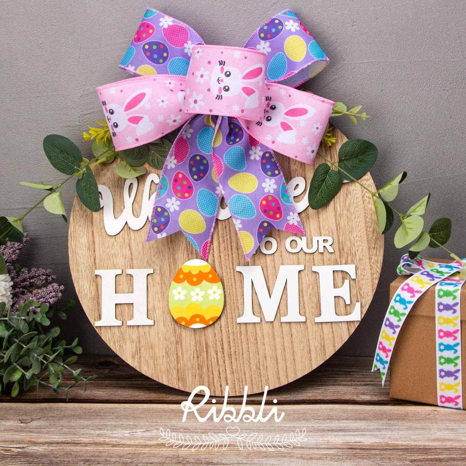 Ribbli Easter Ribbon Wired-Easter Bunny/Eggs/Colorful Stripe/Yellow and Blue Check Burlap Ribbon 2-1/2 Inch Total 90 Feets(30 Yards) 6 Rolls Spring Ribbon for Crafts Wreaths Wrapping Outdoor Decor