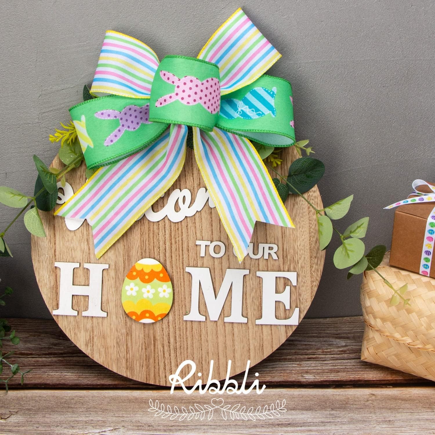 Ribbli Easter Ribbon Wired-Easter Bunny/Eggs/Colorful Stripe/Yellow and Blue Check Burlap Ribbon 2-1/2 Inch Total 90 Feets(30 Yards) 6 Rolls Spring Ribbon for Crafts Wreaths Wrapping Outdoor Decor