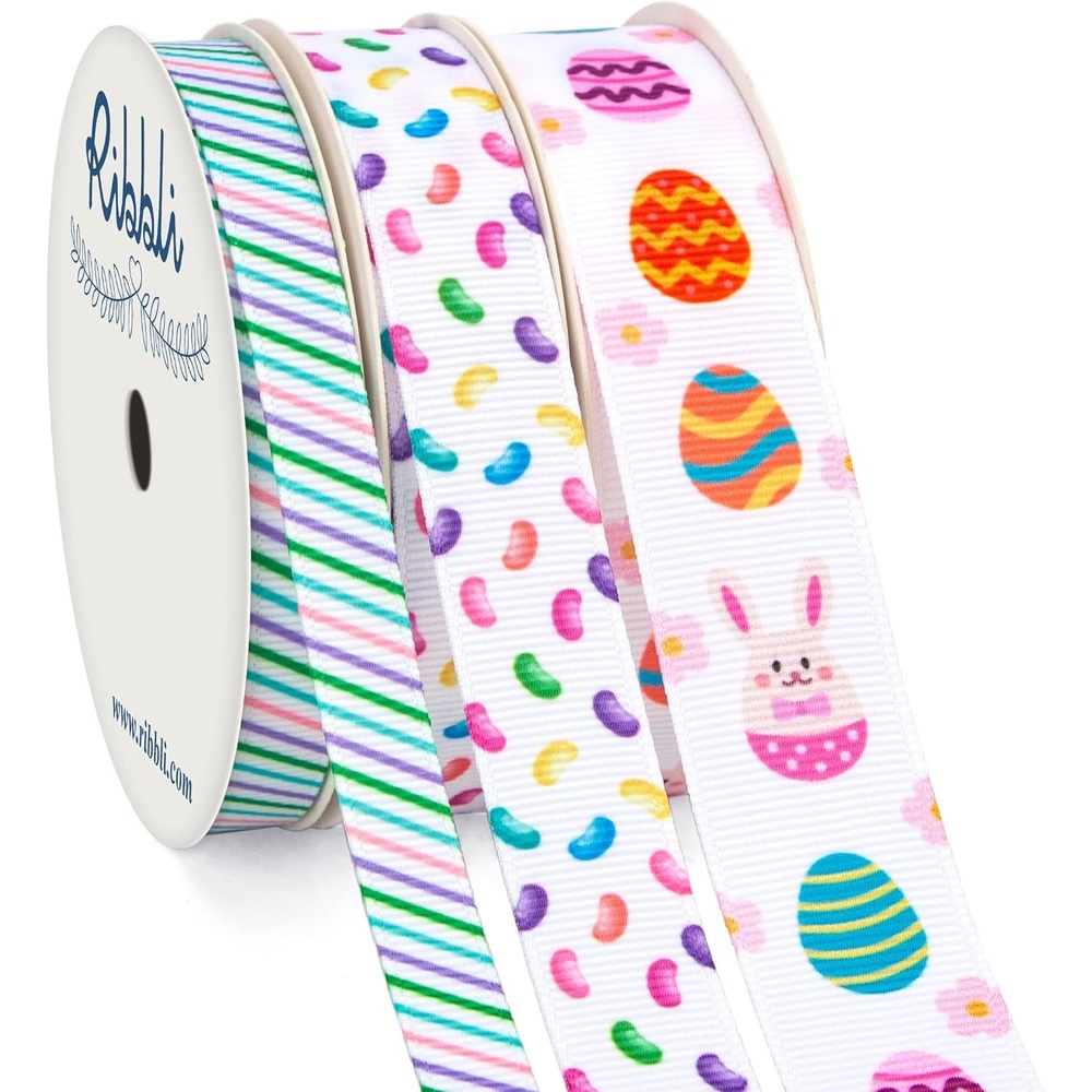 Ribbli 3 Rolls Easter Grosgrain Ribbon,Easter Eggs & Bunny & Jelly Beans & Stripes Ribbon Use for Hair Bows,Wreath, Gift Wrapping,Party Decoration,3/8-Inch 5/8-Inch 7/8-Inch,Total 30 Yards